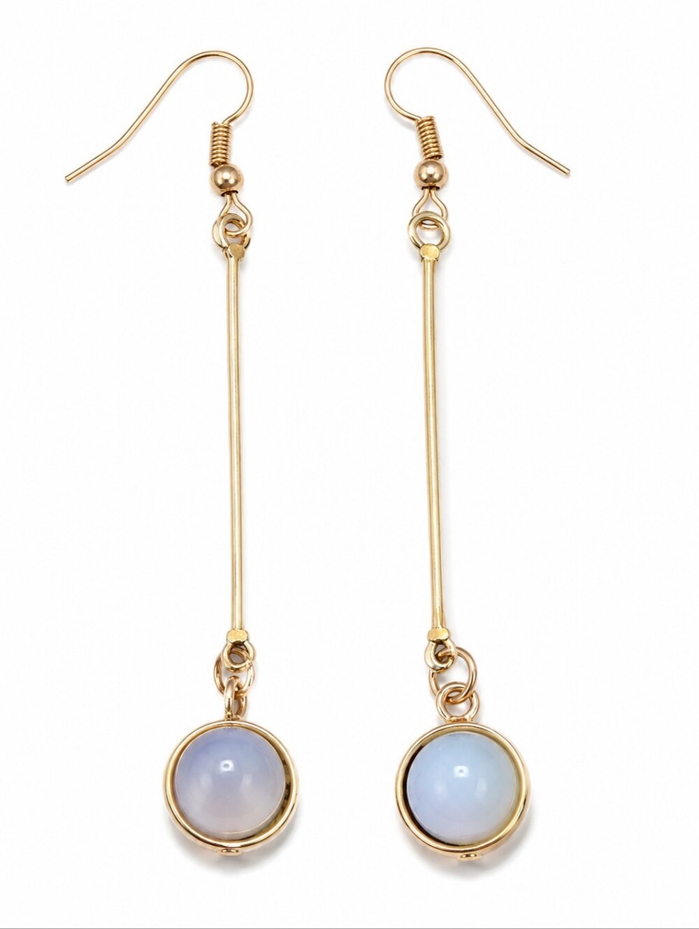 Gold Tone Long Opalite Dangle Earrings Round Cabochon Drop Boho Statement